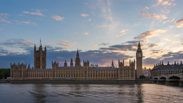 time lapse of Big Ben clock tower and Westminster grand palace along Thames river in Center City of London, UK, United Kingdom, Great Britain, Europe with beautiful sunset time