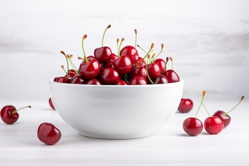 Fresh red cherries in white ceramic bowl, on neutral background. Summer delicious berry. Made with Generative AI