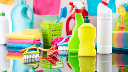 Office and house cleaning theme. Set of colorful cleaning products on shining table.