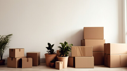 Cardboard boxes with plant, moving to a new house, high quality, Empty living room white walls. Generative Ai.