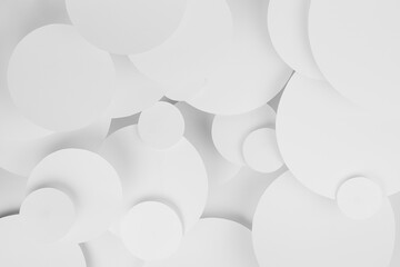 White abstract background of soar paper circles pattern of different size, perspective, top view, backdrop for advertising, design, card, poster, flyer, text in elegant soft light minimalistic style.