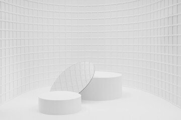 Elegant white abstract stage mockup as curved alcove - two cylinder podiums, round mirror, mosaic,...