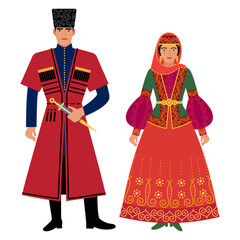 girl and young man in Azerbaijani folk costume isolated on a white background. couple of young people in the national traditional clothes of Azerbaijan. flat drawing in cartoon style. stock vector EPS