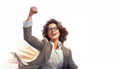 Businesswoman is shown excitedly raising a clenched fist. Happy middle-aged entrepreneur celebrating victory with raised hands. Concept of business achievement cartoon illustration.