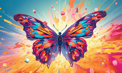  a colorful butterfly flying through the air with a bright background.  generative ai
