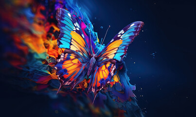 Obraz na płótnie Canvas a colorful butterfly flying through the air with a dark background. generative ai