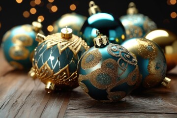 Teal and Gold Festive Background. Premium Christmas Decorations.