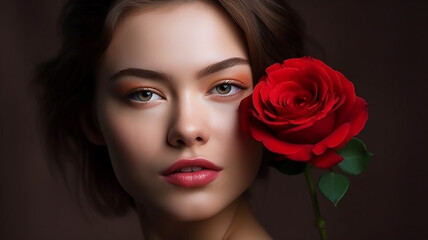 Beautiful model with a rose, Perfect makeup, close up, Nice smile, generative AI
