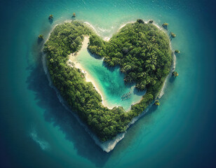 Love Travel Concept. Aerial Perspective of Exotic Island in the Shape of a Heart. Generative AI.