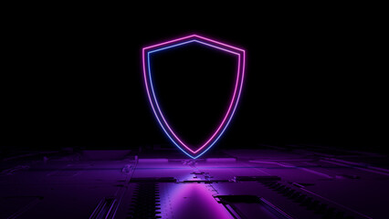 Pink and Blue neon light shield icon. Vibrant colored Security technology symbol, on a black background with high tech floor. 3D Render