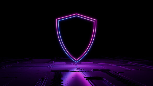 Pink and Blue neon light shield icon. Vibrant colored Security technology symbol, on a black background with high tech floor. 3D Render