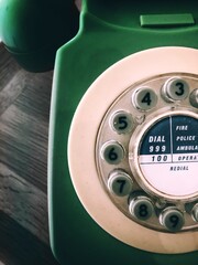 Close up of retro telephone from Seventies with rotary dial