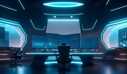 Deurstickers Modern futuristic command desk room. Generative AI © WODEXZ
