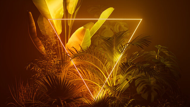 Tropical Plants Illuminated with Yellow and Orange Fluorescent Light. Exotic Environment with Triangle shaped Neon Frame.