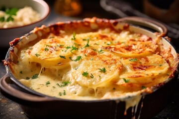 Gratin Dauphinois with golden crust and creamy layers in a rustic ceramic dish