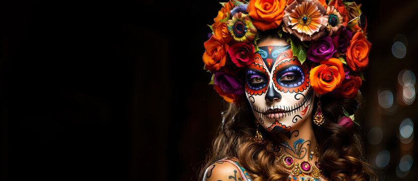 Cultural Tradition: Woman with Makeup and Face Tattoos for Day of the Dead concept banner with copy space for text or design