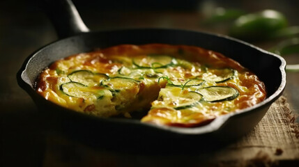 omelette with zucchini, cottage cheese and herbs in a cast iron skillet on the table.useful recipes. Generative AI