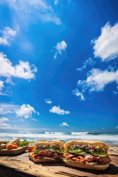 Sandwiches with salami and vegetables on a wooden table on the beach. Empty space for text, vertical banner
