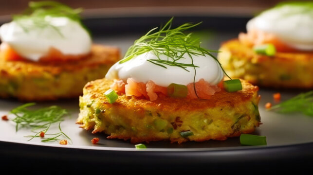 zucchini pancakes with a slice of red fish, herbs and yogurt. healthy food recipe. Generative AI