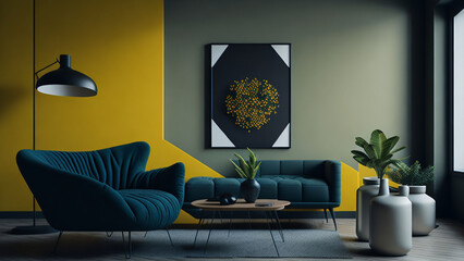Interior of modern living room with yellow and gray walls, concrete floor, comfortable blue sofa standing near round coffee table and two vases with plants.