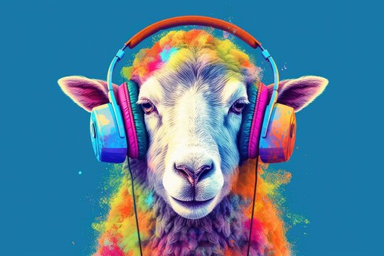 A sheep,Colorful of Sheep with headphones. Generative AI
