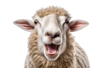 A Sheep, Funny sheep. Portrait of sheep showing tongue isolated on white background.Generative AI
