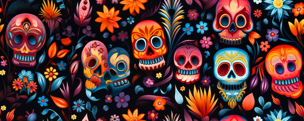 Colorful Sugar Skull Vector Seamless Pattern for Dia de Los Muertos Celebration banner wallpaper