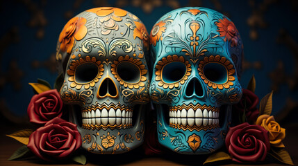 Festive Mexican Day of the Dead: Two Colorful Skulls Celebrating Tradition
