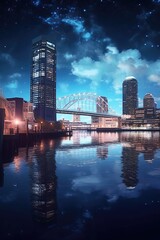 View of downtown city at night. Inspired by Jacksonville, Florida, USA. Travel, Poster.