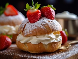 Choux à la Crème with powdered sugar on top and fresh strawberries on the side