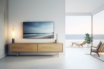 Beach house living room with sea view. Tv stand, wooden cabinet. Vacation home, white concrete wall. Hotel decor. Generative AI