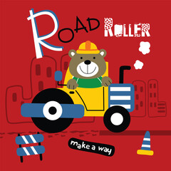 Fototapeta na wymiar road roller and bear funny animal cartoon,vector illustration