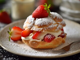 Choux à la Crème with powdered sugar on top and fresh strawberries on the side