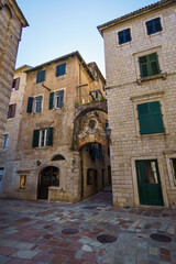 Street of old city Kotor in Montenegro, medieval architecture, travel