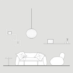 Architectural Drawings, elevation vector interior, living room illustration, side view, sofa, rug, tv, Minimal style hand drawn. Sections, Elevations, Floor Plans.