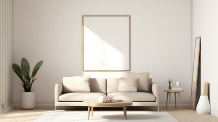 Obraz na płótnie Canvas Stylish Living Room Interior with Mockup Frame Poster, Modern interior design, 3D render, 3D illustration