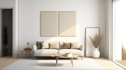 Stylish Living Room Interior with Mockup Frame Poster, Modern interior design, 3D render, 3D illustration