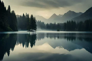 Foto auf Acrylglas Morgen mit Nebel Pixel Dreams: AI's Masterpiece Landscapes