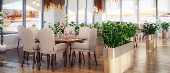 Modernes Restaurant in natürlicher Innenarchitektur - panoramische 3D-Visualisierung