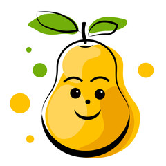 Pear with a face and green leaves smiles on a white background. Vector illustration in doodle style.