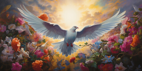 White dove flying artistic peace banner with flowers background. Generative AI illustration