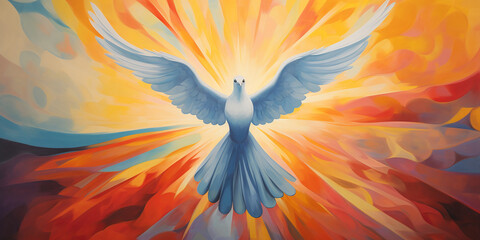White dove flying artistic peace banner background. Generative AI illustration - obrazy, fototapety, plakaty