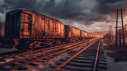 Obraz premium unclaimed rusty freight wagons derailed or on abandoned branches. wartime, crisis, misfortune, disaster. environment and insurance concept.Generative AI 