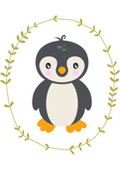 Cute penguin inside an oval leaves border