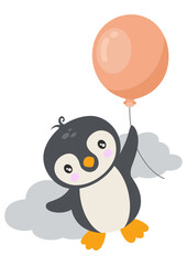 Cute penguin flying holding a balloon