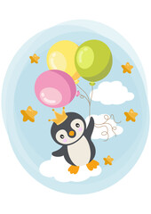 Cute penguin flying in the blue sky holding balloons