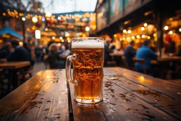 Oktoberfest glass of beer on festival background. With Generative AI technology