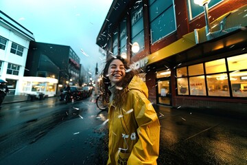a female woman in a yellow rain jacket in street in the evening