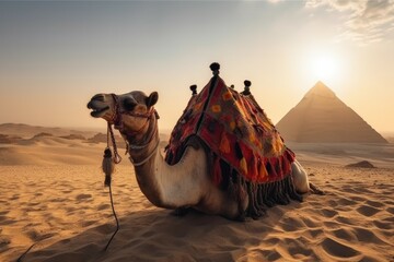 Caravan camel pyramid. Generate Ai
