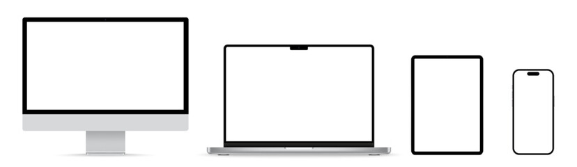 Computer, laptop, tablet, smartphone, phone set. Device screen set. Desktop. Realistic Smartphone, Laptop, Computer vector illustration - obrazy, fototapety, plakaty